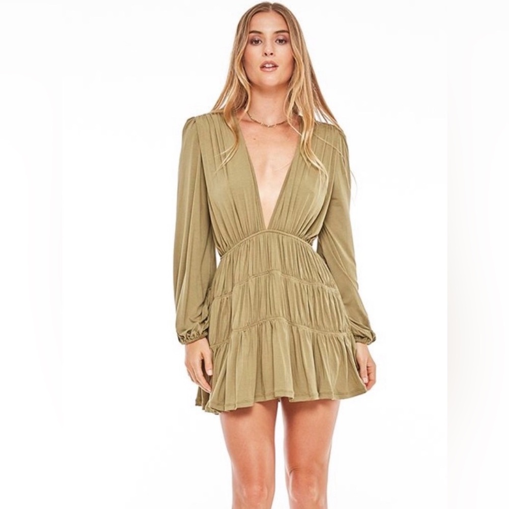Indah Body Francesca Mini Dress Size 2 Medium Mocha Ruched Long Sleeve